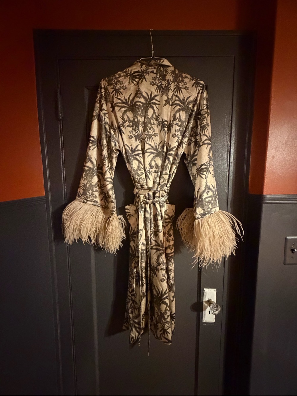 Palm-Print Feather-Trim Robe - Picture 2 of 5